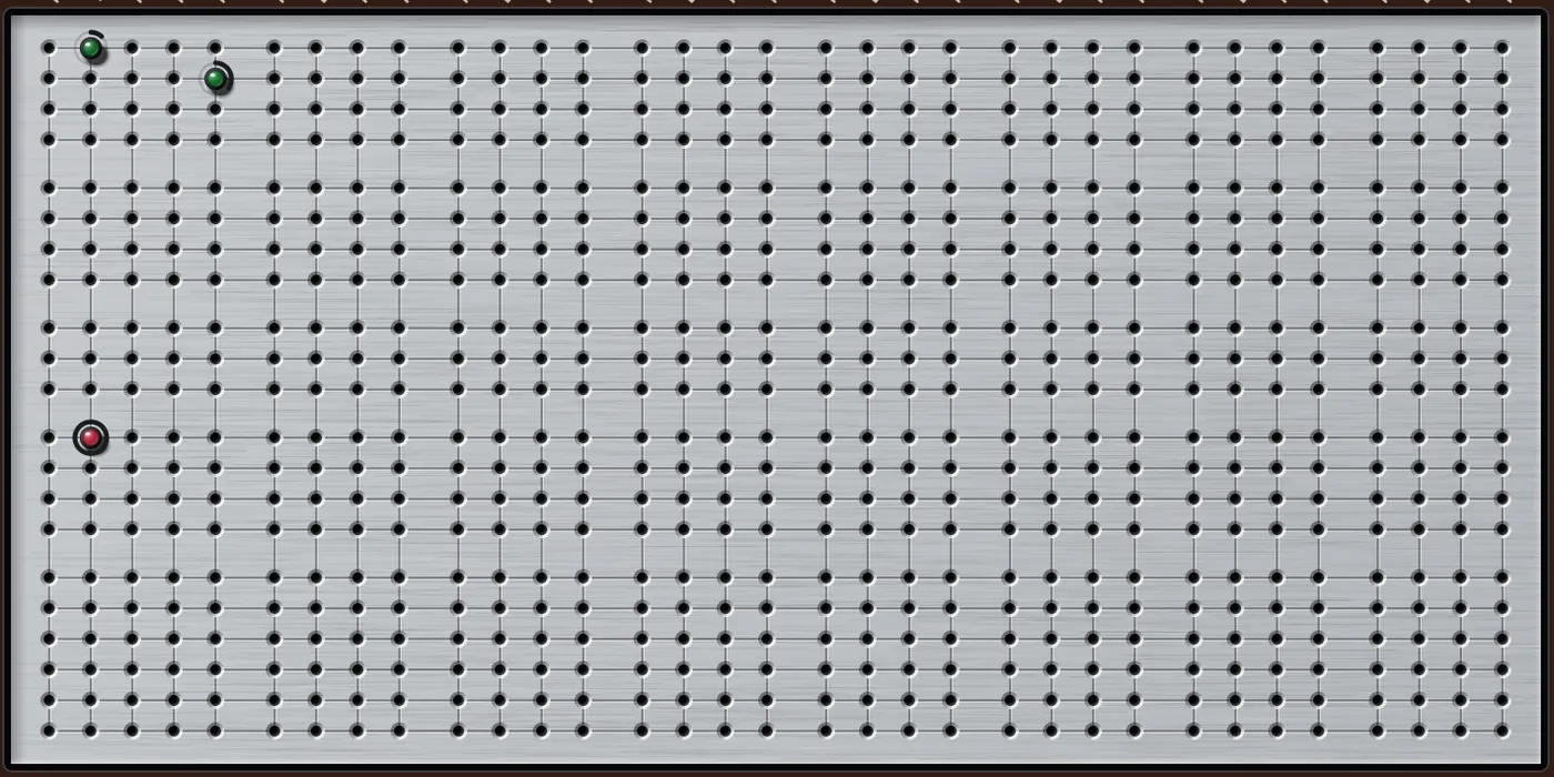 Close-up of the Mellt FM-1 modulation matrix with four pins placed: three green positive pins and one red negative pin