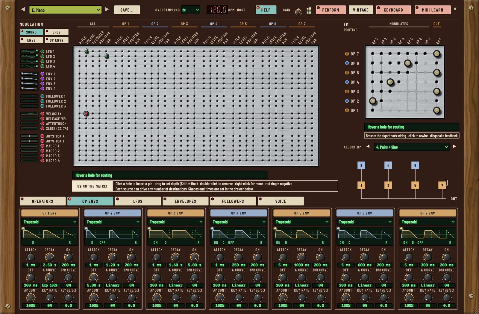 Mellt FM-1 panel: the 21 by 111 pin matrix across the top, the FM routing board with algorithm 4, Pairs + Sine, and seven operator envelopes all set to Trapezoid along the bottom