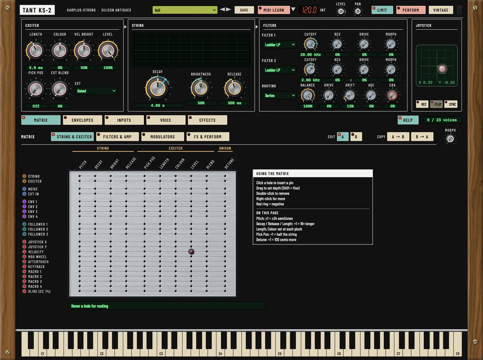 Tant KS-2 panel: exciter, string and twin filter sections across the top, a joystick, and the 22 by 81 pin matrix on its String & Exciter page